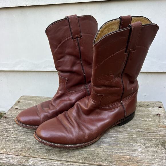Vintage 80s 90s Justin Brown Roper Pull On Cowboy Boots 8E Style 3404 - Picture 3 of 9